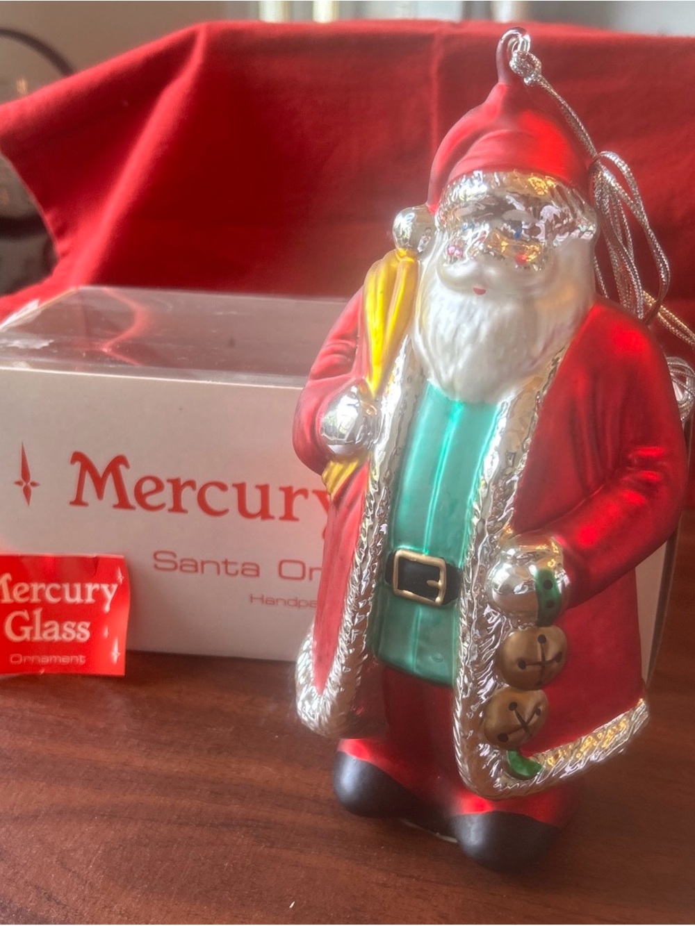 Vtg Department 56 Santa Ornament Hand Blown Mercury Glass 9” Tall in Box 7744-5